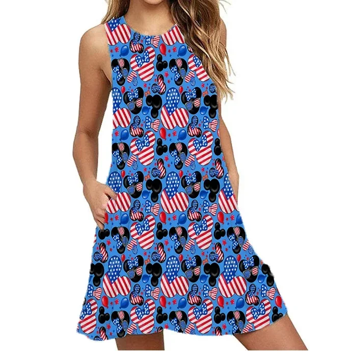 

2024 Summer New Mickey's Fourth of July Dress Women Summer Short Sleeve Beach Dress Disney Sexy Dress Holiday Party Dress