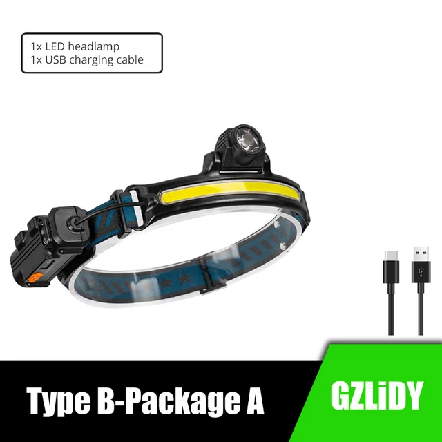 IR Sensor LED Headlamp Powerful XPG+COB Headlight 2000mAh 18650 USB Head Lamp Portable Floodlight Flashlight Waterproof Lantern Type B-Package A