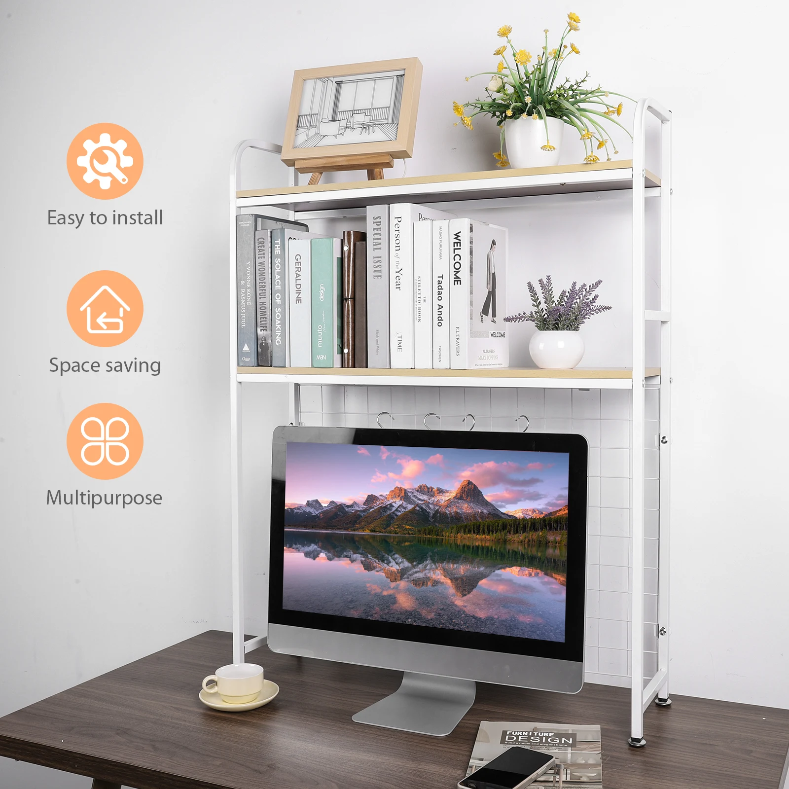 2 Tier Wooden Desk Organiser Shelf with Grid Panel Bookcase Organizer Multipurpose Desktop Decorative Rack for Home Office