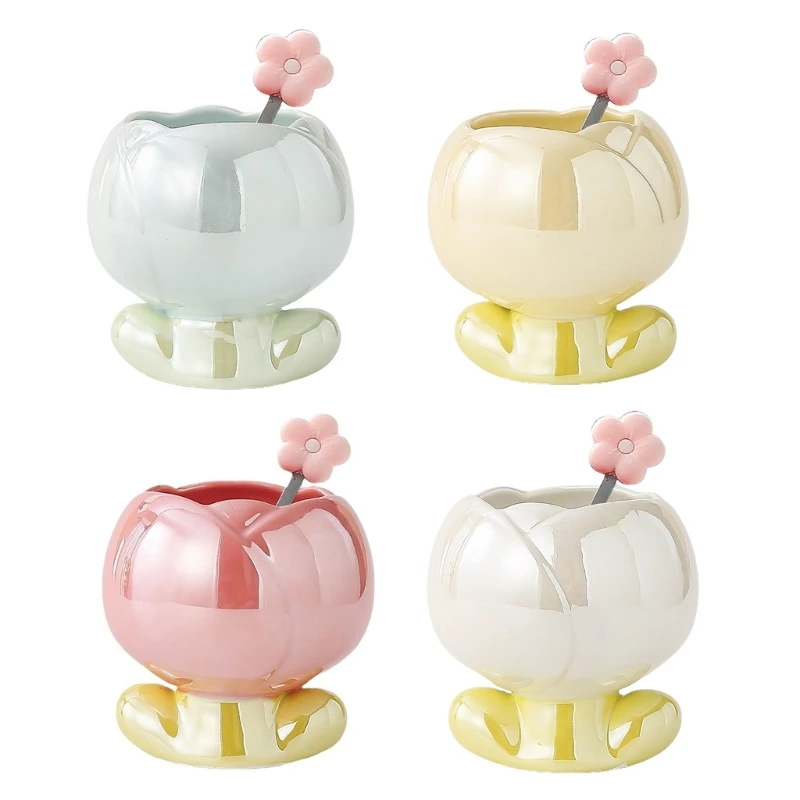 

67JB Ceramic Coffee Cup Floral Water Cup Ceramic Drinkware with Spoon for Drinking