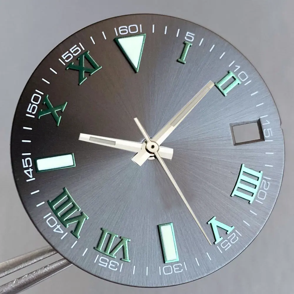 Grey Silver Sunburst 29mm Watch Dial with Roman Numerals and Multi-Colored Hand Set