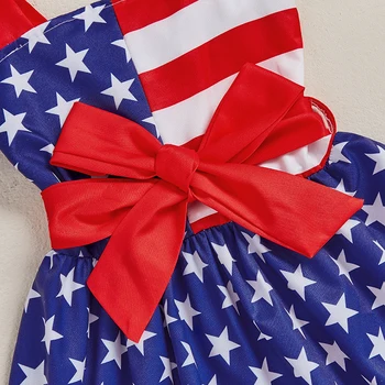 Girls Fourth of July Outfits American Flag Print Ruffle Sleeveless Dress with Matching Headband for Independence Day 4