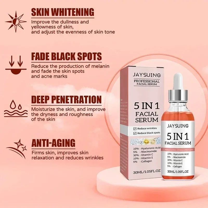 Jaysuing 5 In 1 Hyaluronic Acid Face Serum 30ml Moisturizing Vitamin C Collagen Lightning Facial Serum Shrink Pores Skin Care 3