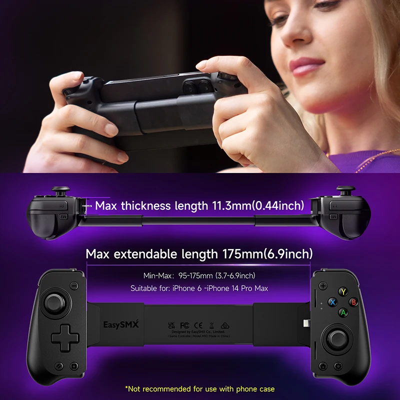 EasySMX M10 휴대폰 게임패드 컨트롤러, 아이폰 (라이트닝), 애플 아케이드, 클라우드 게임 Xbox 게임 패스, STADIA, xCloud용