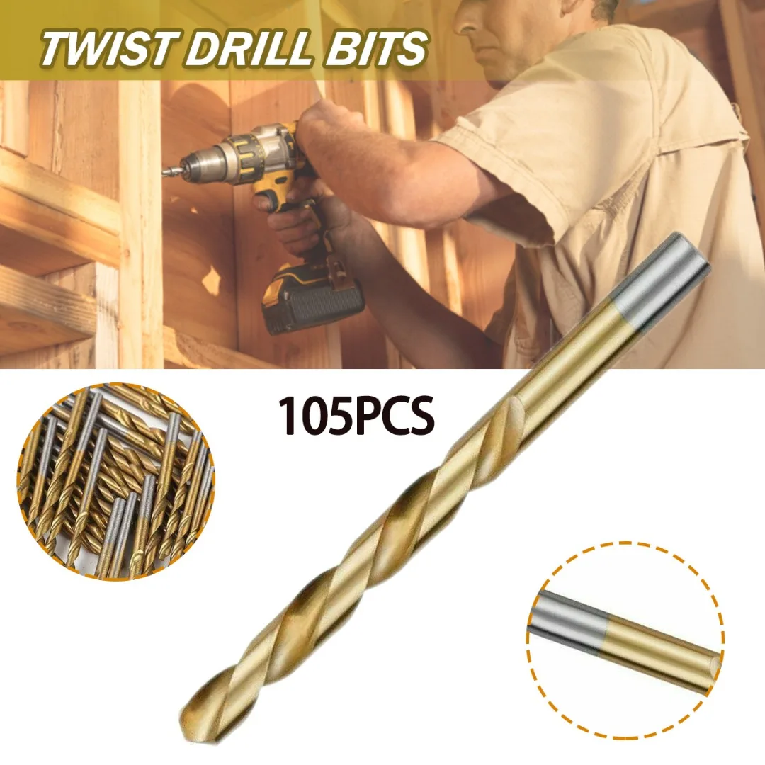 105PCS Cobalt Drill Bit Set Titanium Coated Stainless Steel Precision HSS Drills Durable Multi-Size Set Home Construction Tool