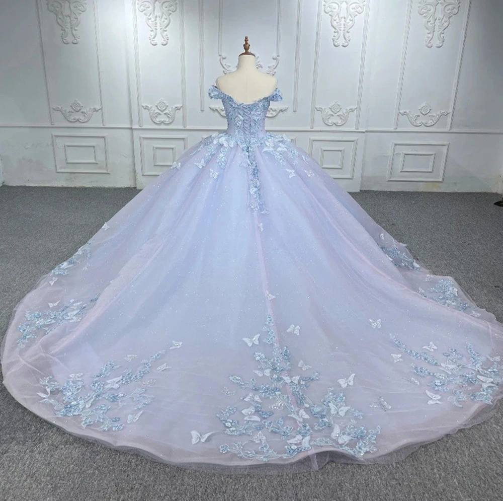 BOMARIS Blue Ball Gown Quinceanera Dresses Cinderella Vestidos De 15 Anos XV Vintage 3D Butterfly Lace Princess Party Customized quinceanera dresses