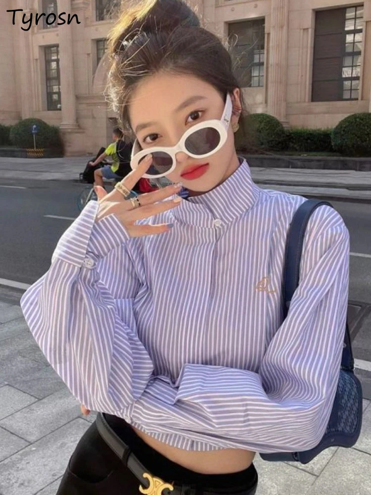 Camisas cortas a rayas para mujer, diseño informal Simple combina con todo, creatividad, estilo coreano, ropa de calle para nueva moda de primavera| | - AliExpress