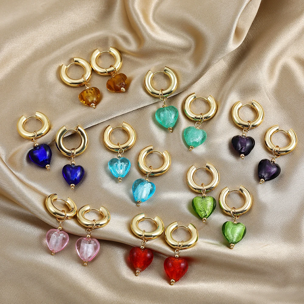 Trendy Gold Color Stainless Steel Hoops Earring for Women Transparent Heart Pendant Huggie Earrings Wedding Jewelry