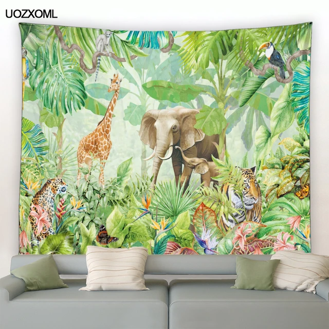 Tenture murale tropicale avec animaux, Jungle, girafe, éléphant, léopard,  tigre, feuilles de palmier, plante de jardin, décoration de salon pour  enfants - AliExpress