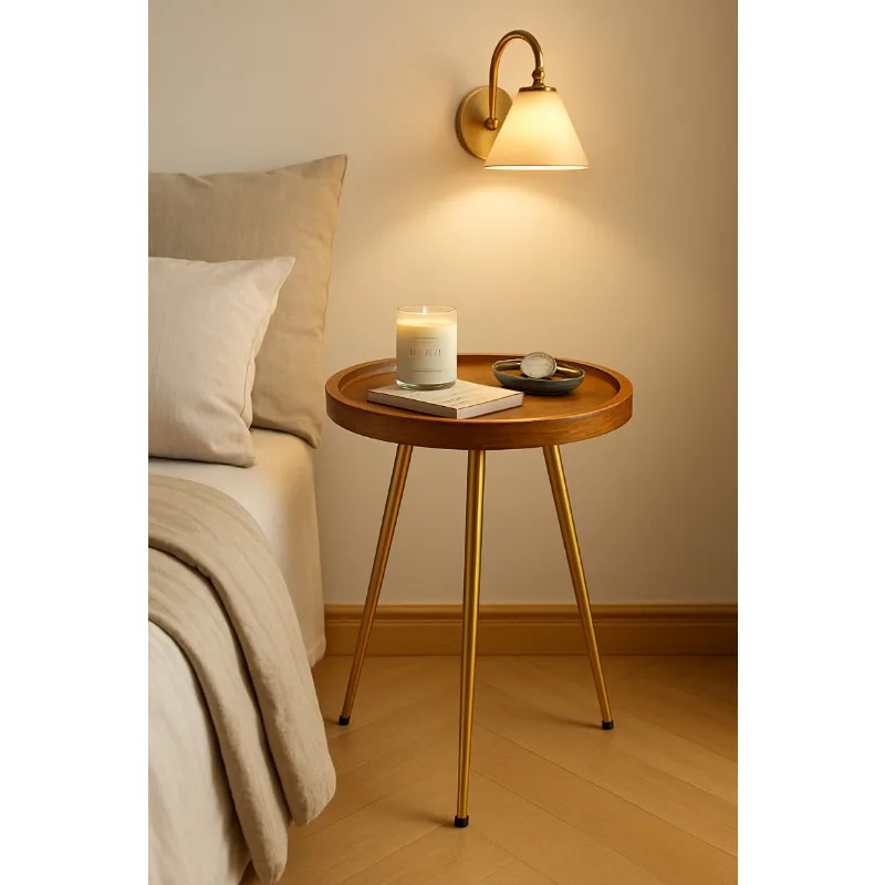 Elegant Round Oak Coffee Table with Golden Frame
