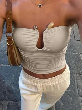 cropped top ，Summer solid color chest hugging backless pleated U-shaped buckle water droplet hollow design sexy and elegant fit 1