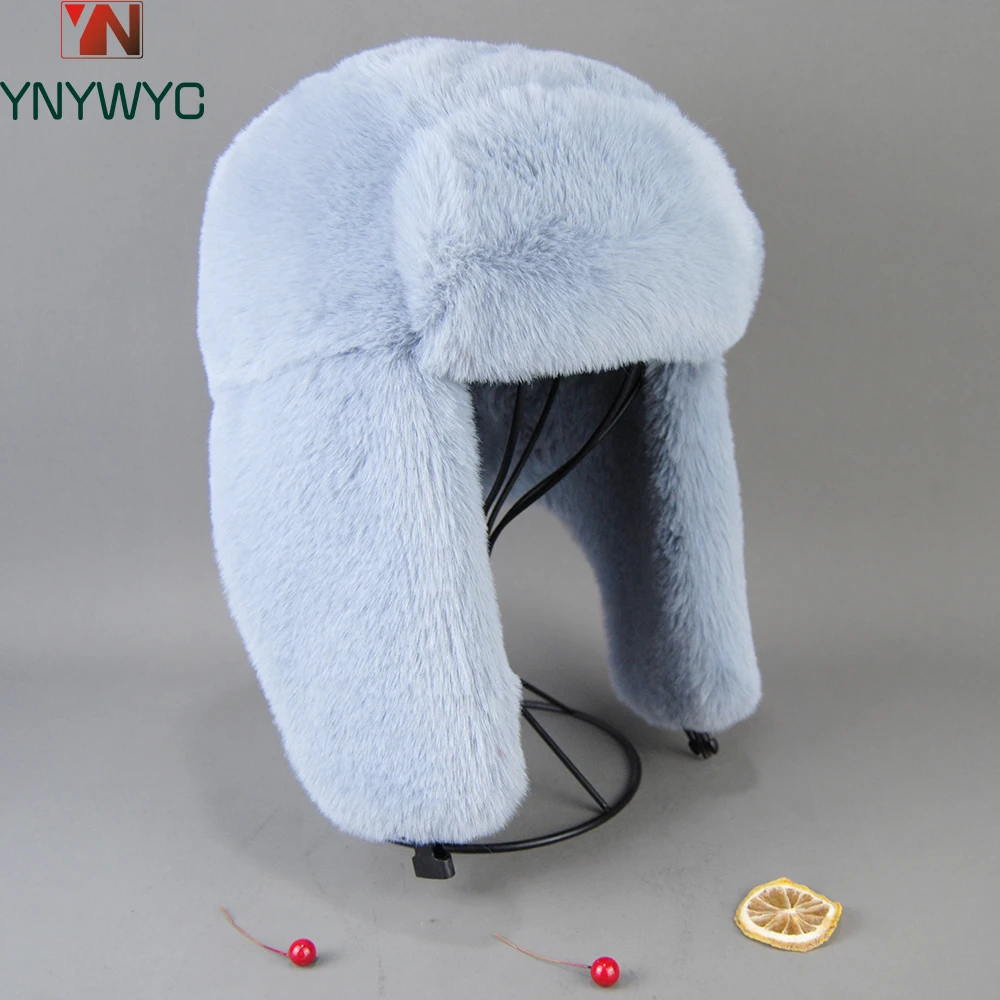 

2024 Winter Russian Man Woman White Skin False Rex Rabbit Fur Hats Luxury False Rex Rabbit Fur Cap Unisex False Fur Bomber Hat