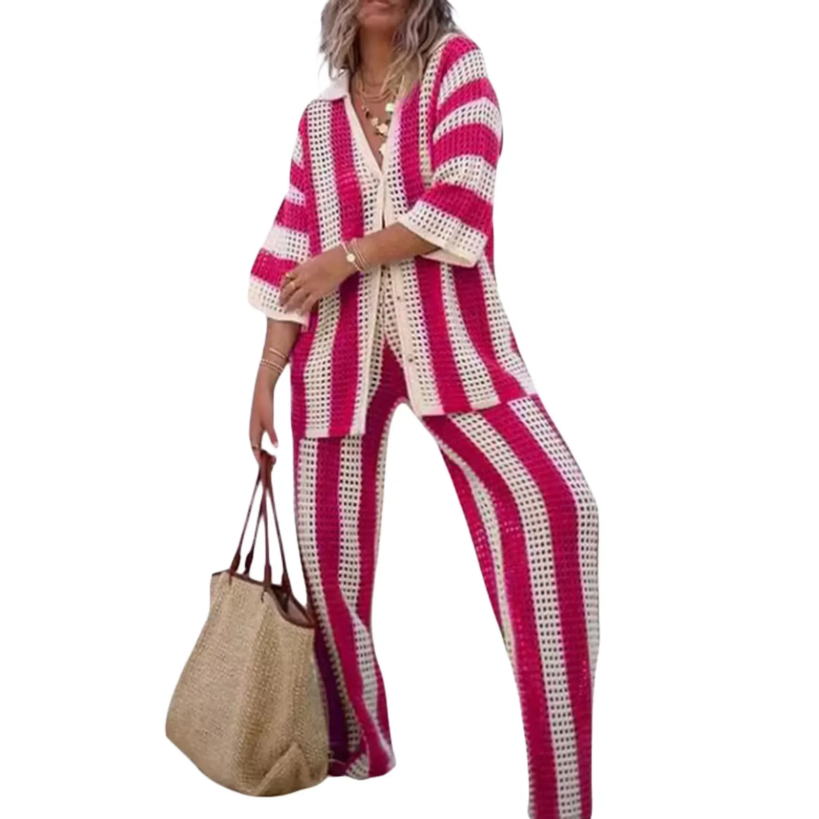 Customizable V-neck hollow striped shirt loose knit wide leg pants set WTZ410120 5