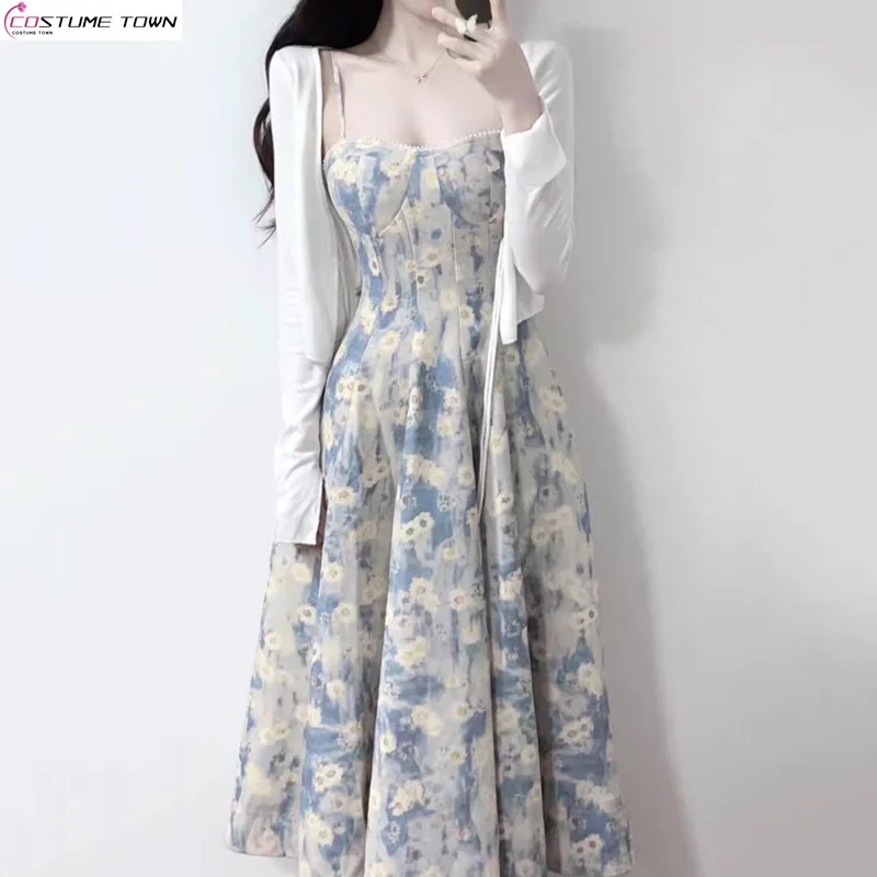 Spring and Summer New Large French Oil Painting Fragmented Flower Suspended Dress Fairy Waist Waist Beach Long Dress Set