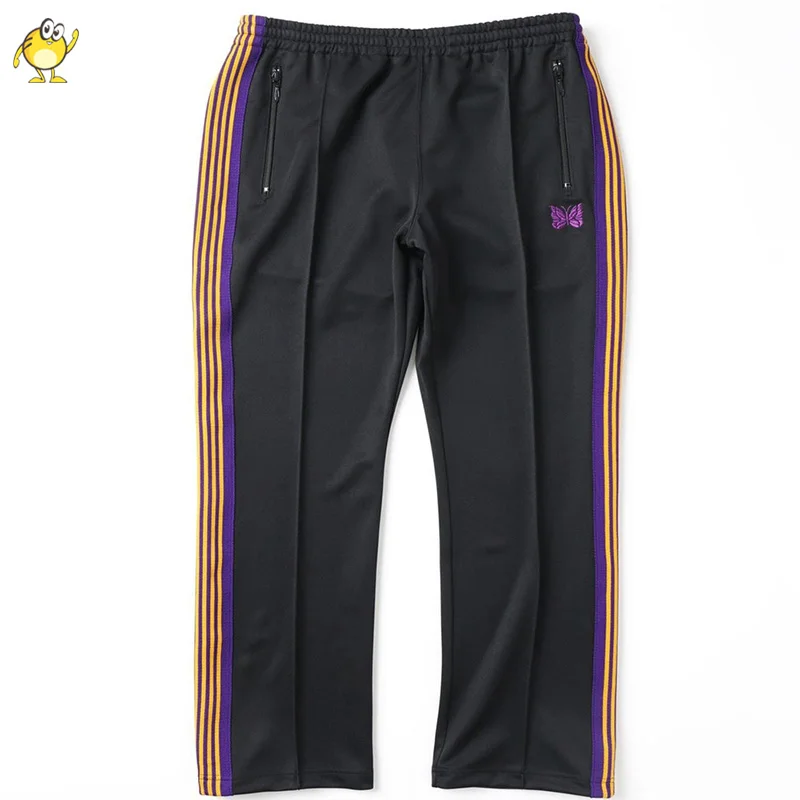 

Casual Sweatpants Men Woman Needles Pants Webbing Striped Butterfly Embroidery Zipper Pocket Spring Autumn Fashion Trousers