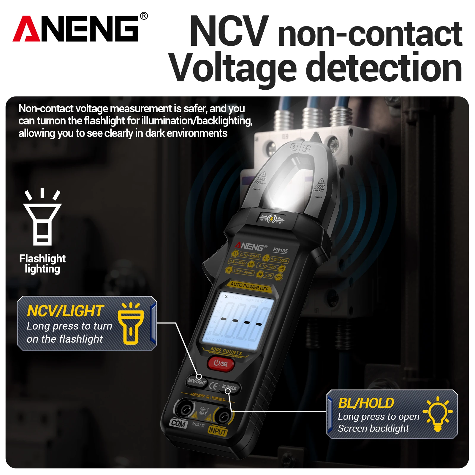 ANENG PN135 지능형 클램프 게이지 4000 카운팅 AC/DC 전압/전류 저항/커패시터 NCV 전기 유지보수 도구