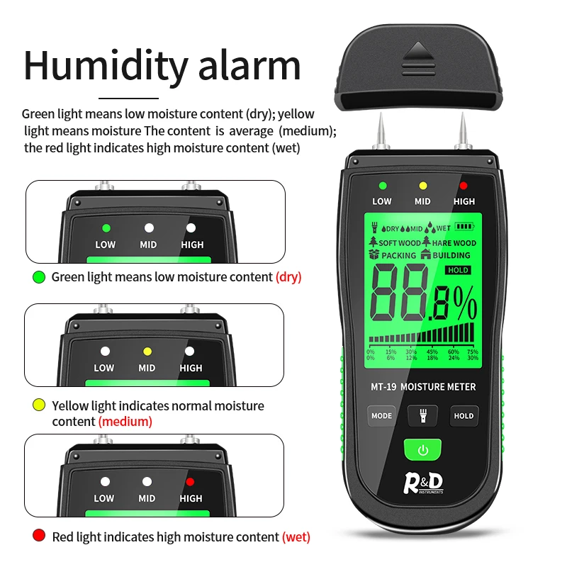 R&D MT-19 Wood Moisture Meter Digital Humidity Meters Wall Hygrometer Timber Damp Detector Building Humidity Tester Carton wood moisture meter