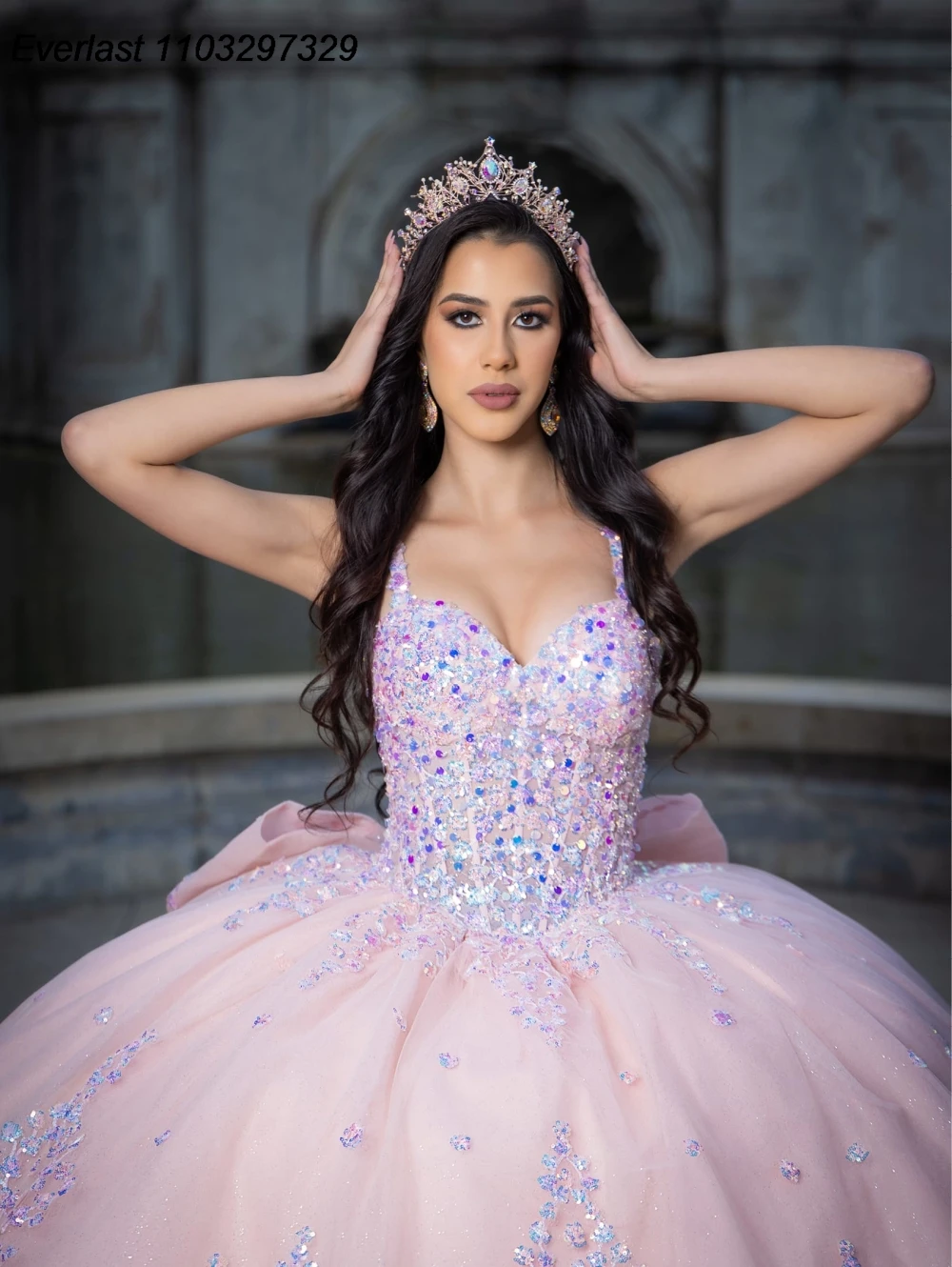 EVLAST Pink Quinceanera Dress Ball Gown Lace Applique Beaded Crystal Bow Sweet 16 Vestido De 15 Anos E1Q04