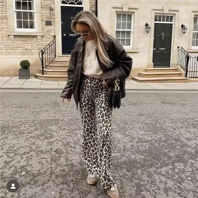 

Женские леопардовые брюки с завышенной талией, леопардовые брюки в Корейском стиле, повседневные Прямые мешковатые брюки в стиле ретро Харадзюку Y2k, популярные ретро брюки