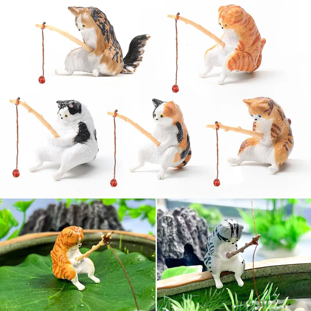 Cute Fishing Cat Ornaments Aquarium Decoration Fish Landscaping Cartoon Cat Statue Mini Resin Figurine Home Decorations