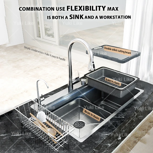 304 อ่างล้างจานสแตนเลสเงินขนาดใหญ่ SINGLE SLOT มัลติฟังก์ชั่ล้างจานอ่างล้างผักสําหรับห้องครัว 3