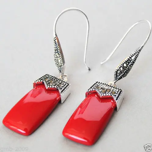 hot sell new - wb003 SILVER RED CORAL MARCASITE DANGLE EARRINGS
