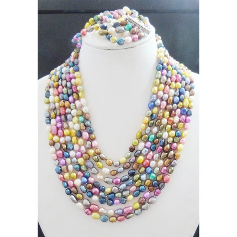 

5-6MM 8 layer colorful 100% freshwater pearl necklace / bracelet set