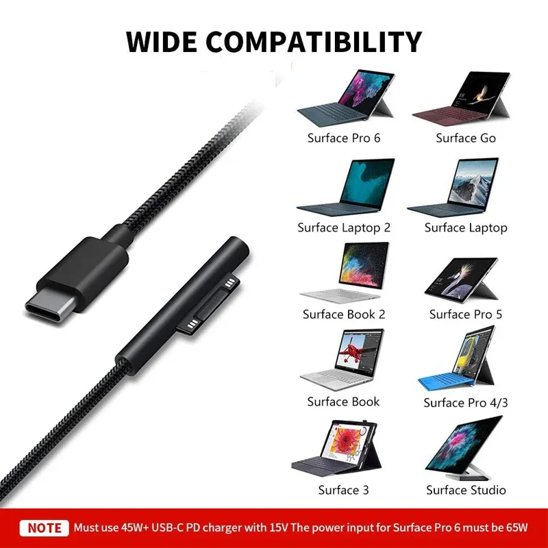 Adattatore Per Caricabatterie Di Alimentazione Usb Tipo C Da 2M 65W 15V 3A Pd Cavo Di Ricarica Rapida Per Microsoft Surface Pro 7 3 4 5 6 15V 3A Pd
