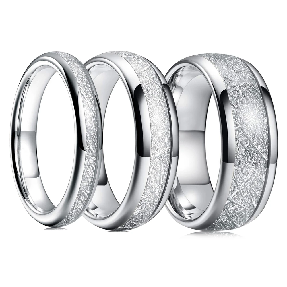 4Mm 6Mm 8Mm Colore Argento Tungsteno Fedi Nuziali Per Gli Uomini Donne Cupola Lucido Meteorite Intarsio Acciaio Anelli Di Coppia Uomini Fedi Nuziali