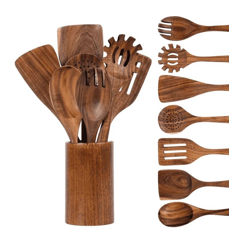 Natural Teak Wood Kitchen Utensil Set Wooden Cooking Tools with Holder Ideal for Healthy Non - Stick Cookware Cooking - 2