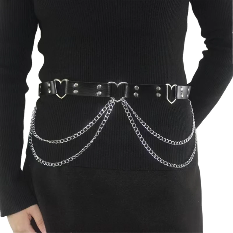 

Women Gothic Punk Waist Belt Heart Buckle Studded Cowgirl Belt Multilayer Chain Tassels Dancer Costume Belt for Party Club Stage