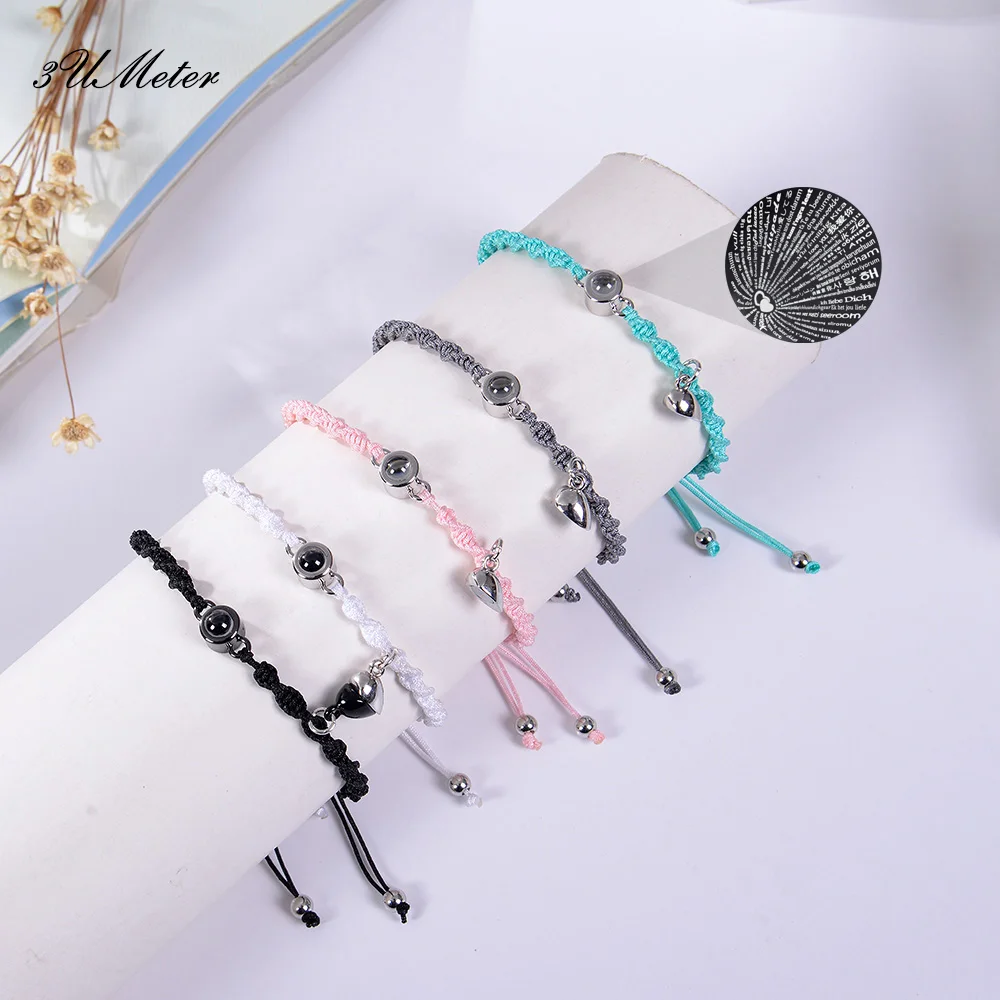 

100 Language "I Love You" Projection Bracelet Romantic Heart Shaped Magnetic Buckle Couple Bracelet Braided Lovers Jewelry Gift