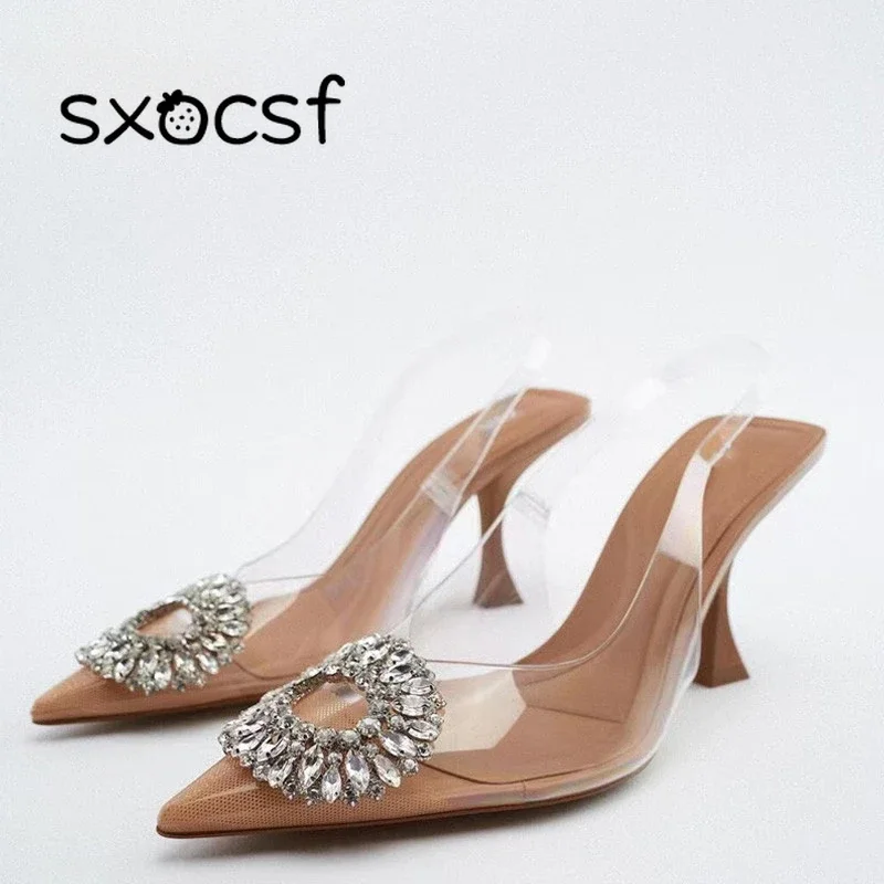 

2024 Women Pumps Summer Fashion Rhinestone Transparent High Heels Sexy Muller Heeled Luxury Brand Female Elegant Sandals