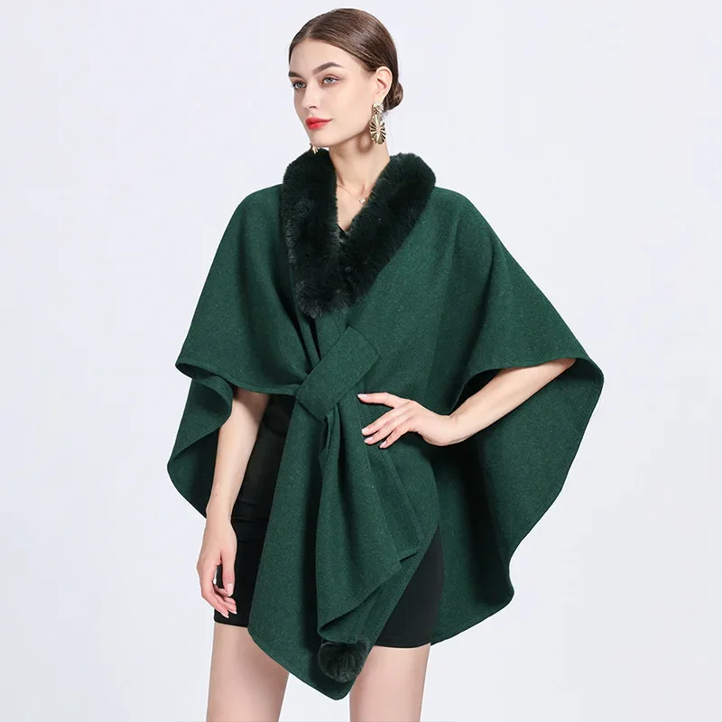 

Autumn Winter New Imitation Otter Rabbit Fur Collar Cape Large Knitted Cardigan Coat Ponchos Women Capes Green Cloak