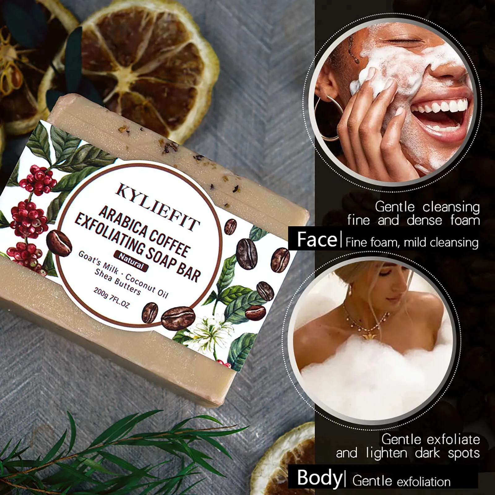 KYLIEFIT Arabica Coffee Exfoliating Soap, Whitening, Reduce Spots, Smooth Skin, With Coconut Oil, Shea Butter, for Face, Body