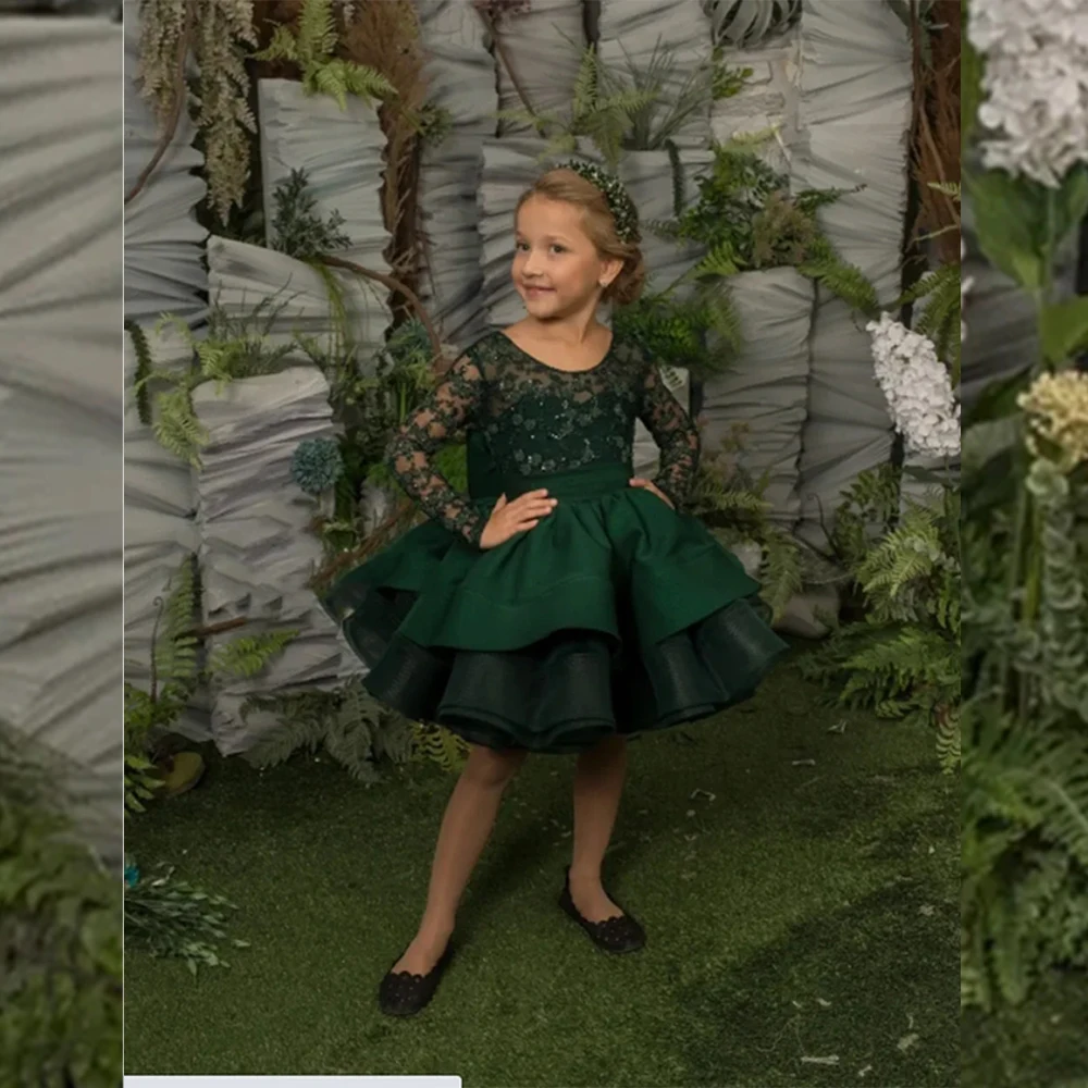 

Long Lace Sleeve Princess Flower Girl Dress Short Tiered Puffy Banquet First Communion Gown Bow Tulle Christmas Pary Gown 2024