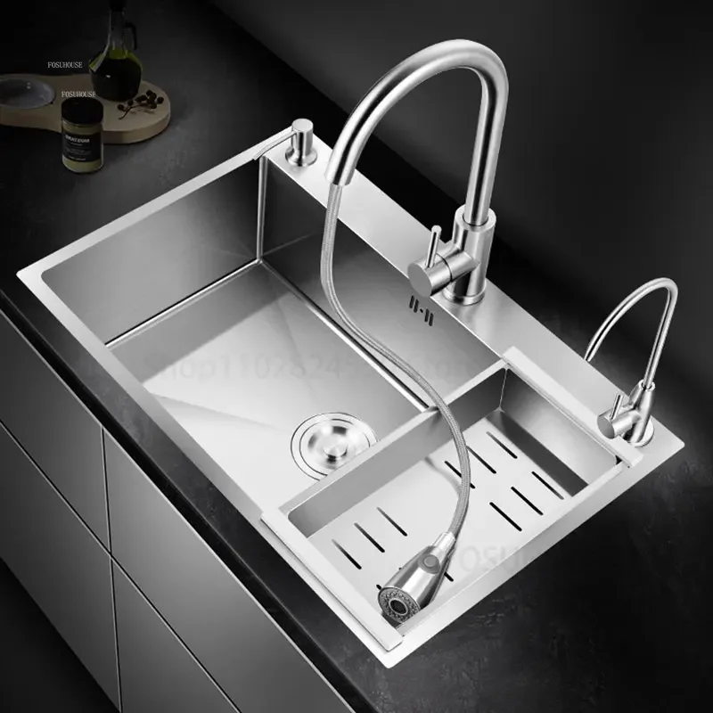 Simple Stainless Steel Kitchen Sinks Hand Drawing Wash Basin Under The Counter Basin Single Slot Wash Kitchen Accessories