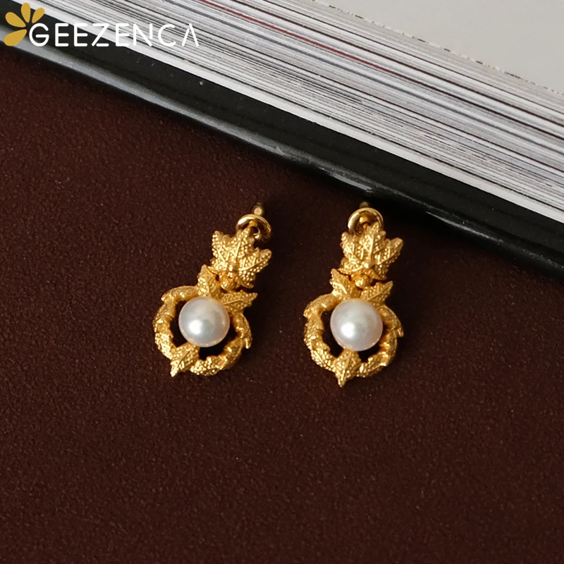 

GEEZENCA Natural Pearl 925 Sterling Silver Maple Leaf Earrings For Women 18K Gold Chic Luxury Small Stud Earring 2024 New Gift