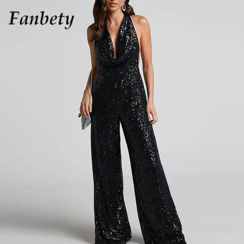 

Sexy Shiny Sequined Party Onesie Women Solid Color Off-Shoulder Lace-Up Versatile Jumpsuit Fashionable Back Hollow Jumpsuit 2024