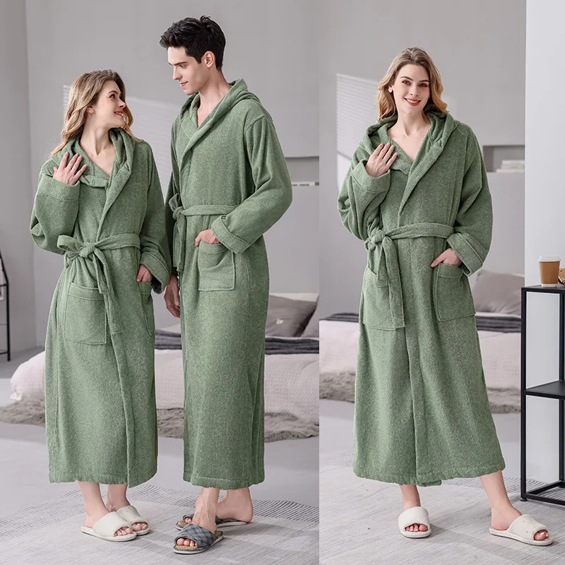 Hooded Bathrobe Men Cotton Hooded Women Sleepwear Nightgown Towel Fleece Thick Long Soft Autumn Winter White Home Hotel robe