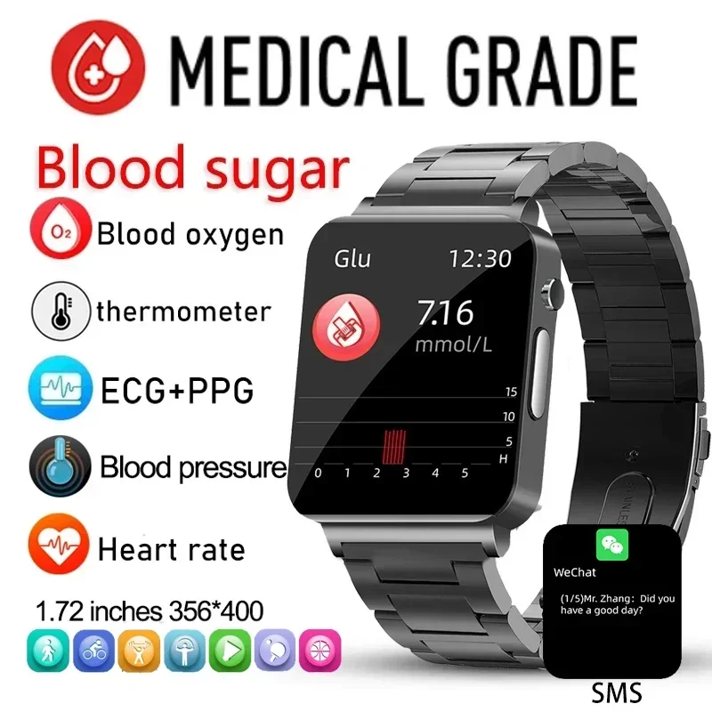 

Painless Non-Invasive Blood Glucose Smart Watch Men's ECG+PPG Healthy Blood Pressure Exercise Smartwatch Men Blood Glucose Meter