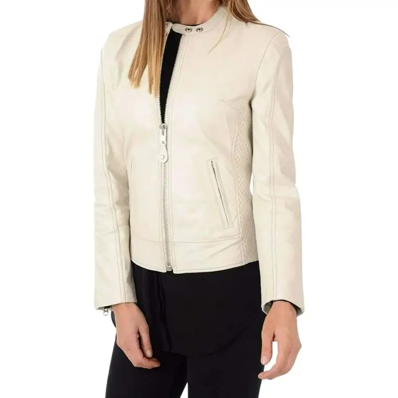 Womens Genuine Lambskin Real Leather Off White Jacket Ladies Slim Fit Biker Coat