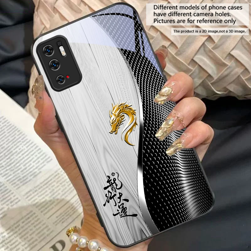 Elegant Black Tempered Glass Phone Case with Traditional Dragon Totem Design