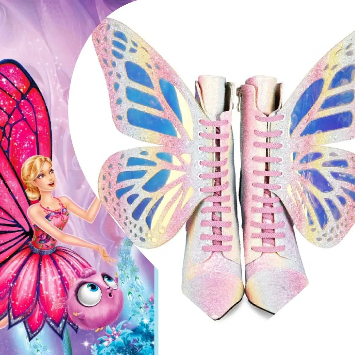 

Butterfly Glitter Pink White Pointed Toe Fashion Sharp Cute Y2k New Lolita Mary Janes High Heels Women Shoes Ankle Boots 2023