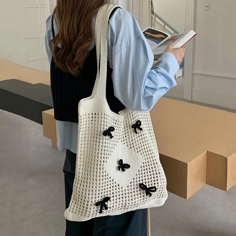 Cute Bow-Knot Pattern Crochet Shoulder Bag Hollow Underarm Bag Mesh Holiday Travel Handbag Summer Beach Handbag for Women