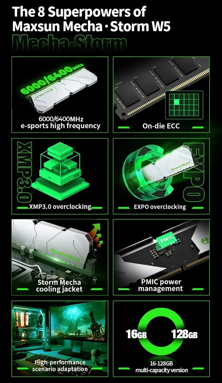 Description Picture 3 of itemMAXSUN DDR5 Memoria RAM 6400MHZ 16GB Desktop Memory DDR5 Heatsink RAMs Dual channel Computador Component Desktop PC