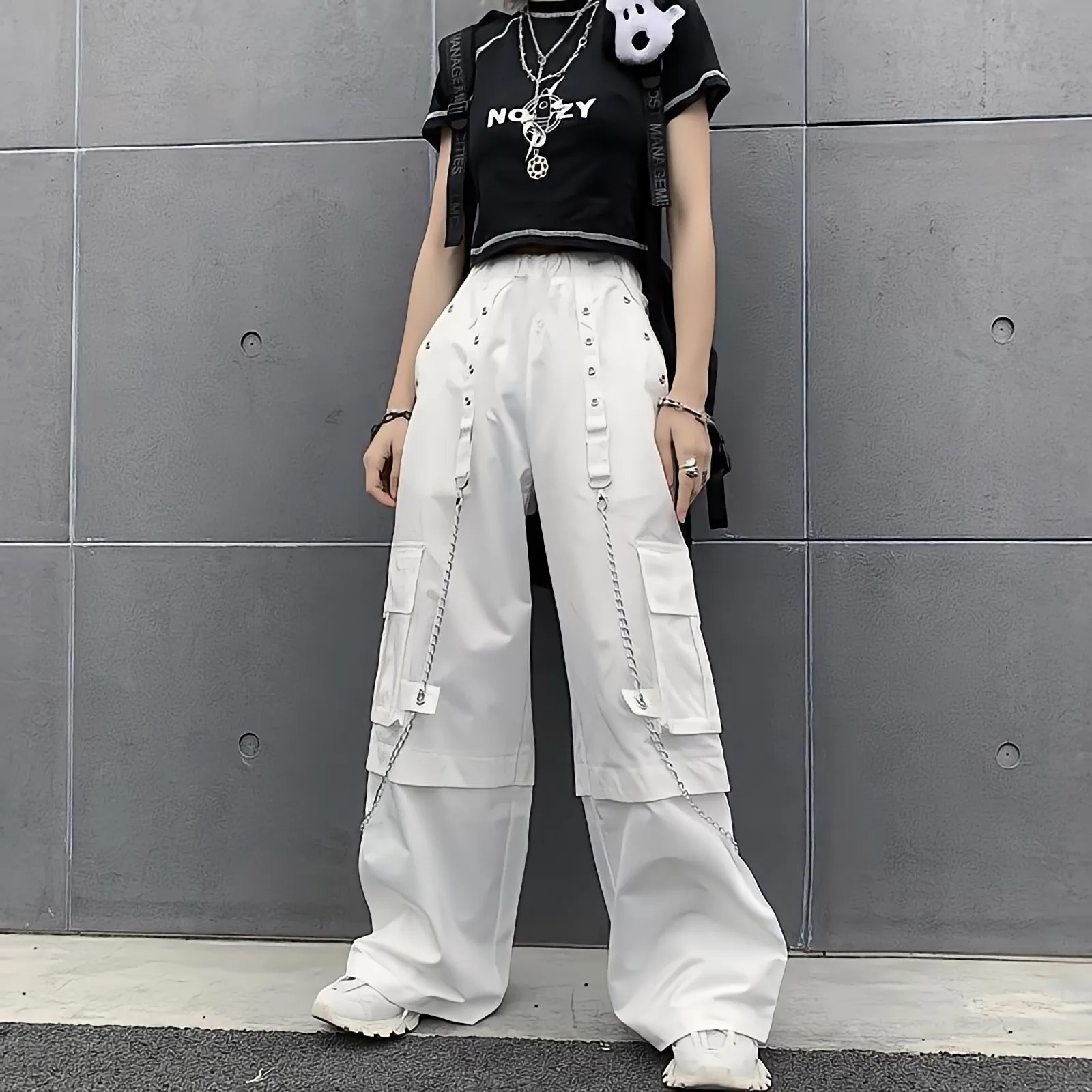 

White Cargo Pants Woman Oversized Hippie Streetwear Pocket The Chain Punk Elastic High Waist Trousers Baggy Pants Korean Fashion