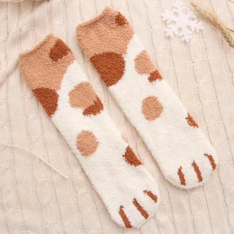 20Pairs Cute Cat's Paw Floor Socks for Fall and Winter Thickened Half-fleece Moon Socks for Women Coral Velvet Mid-calf Socks 3