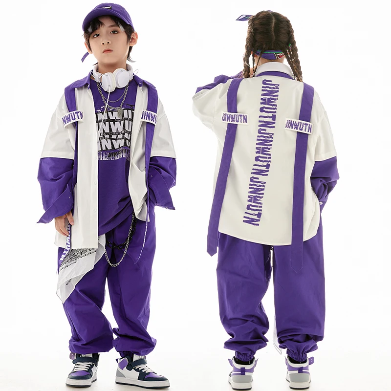 Jazz Dance Clothes Girls Hip Hop Costume Loose Coat Purple Pants Boys Breaking Street Dance Outfit Long Sleeves Suit L11600