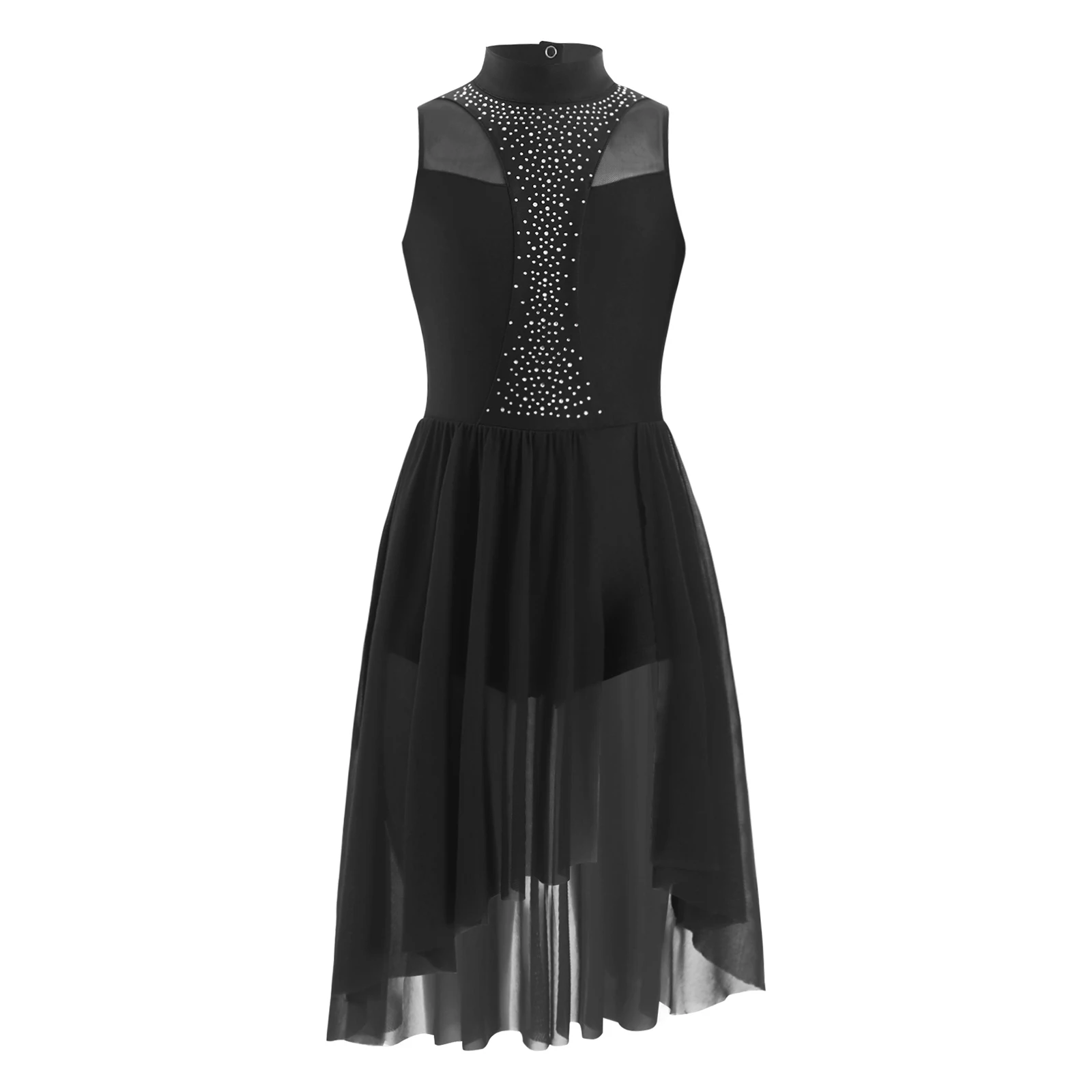 Kinder Mädchen Lyrical Dance Kleid Eiskunstlauf Ballett Gymnastik Trikot Strass Ärmellose Mesh Bühne Leistung Dancewear – Detail 20